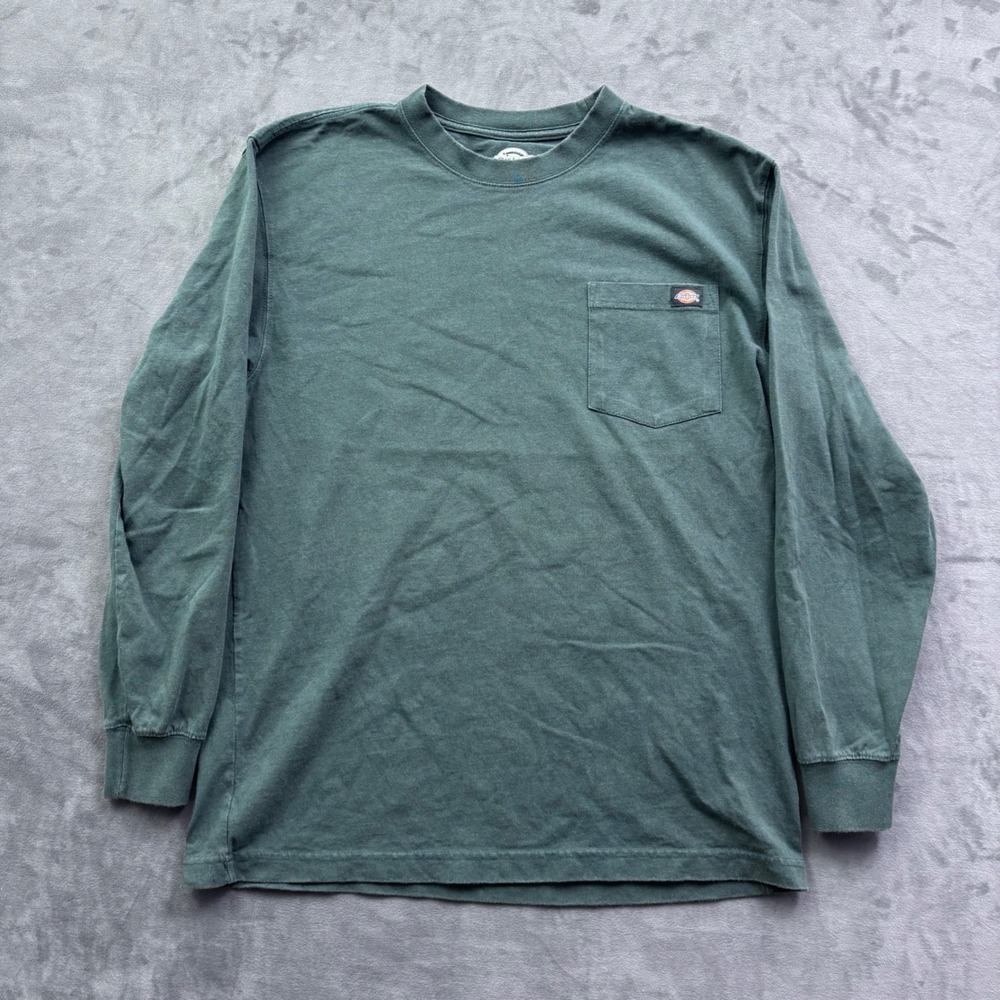 Dickies Mens Long Sleeve Pocket T-Shirt Green Cotton Workwear Tee Size Medium